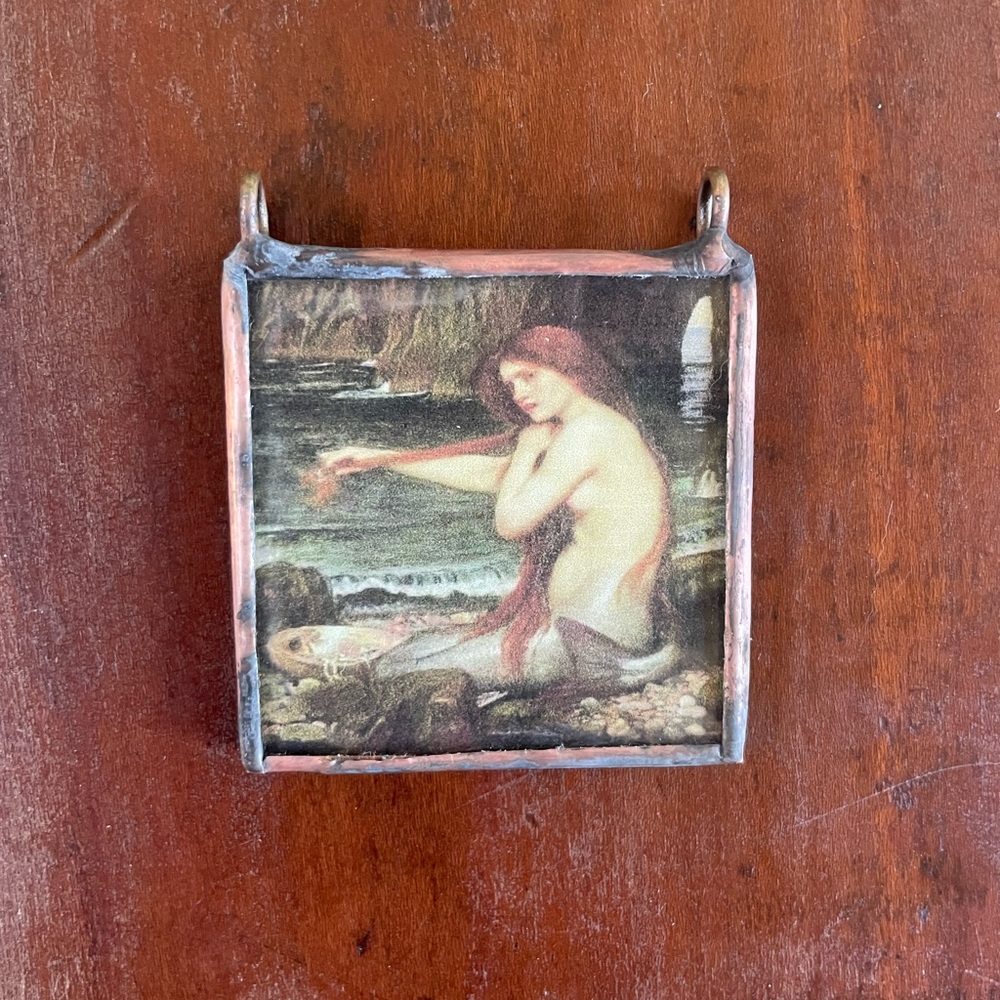 Mermaid glass soldered pendant Waterhouse painting 2x2 inch handmade artisan